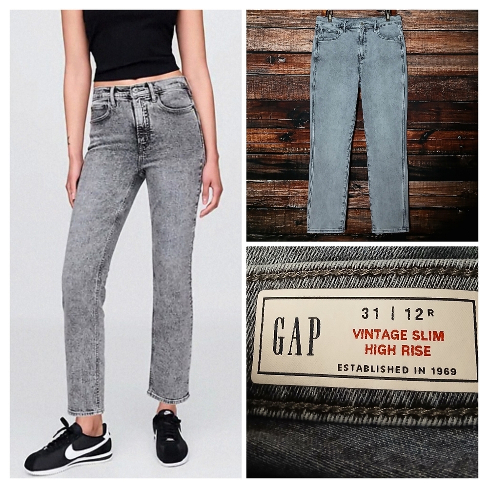 GAP Jeans 31 12 Vintage Slim High Rise Ankle Crop Grey Wash Denim Stretch